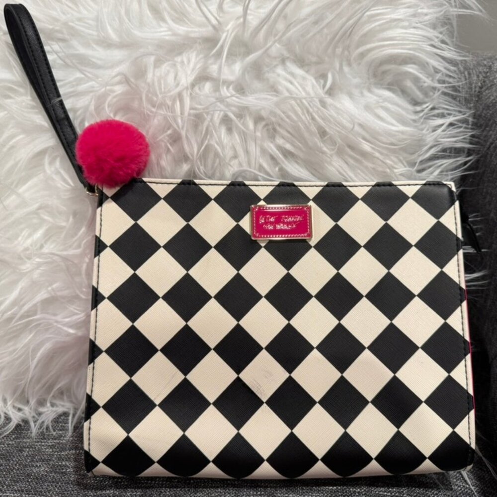 Betsey Johnson Clutch Black White Pink Pom Pom